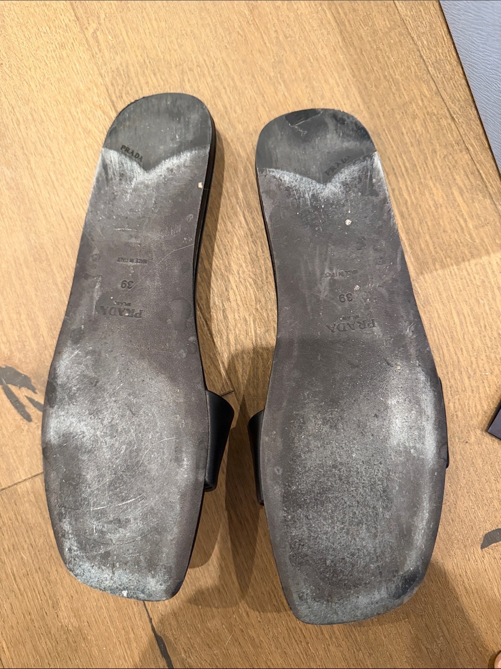 Prada Black Leather Logo Slide Sandals with Gold Accents - Picture 4 of 5